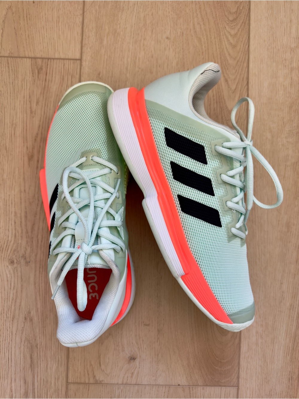 Adidas Mens Solematch Bounce Mint Green Tennis Shoes with Coral Accents 9.5